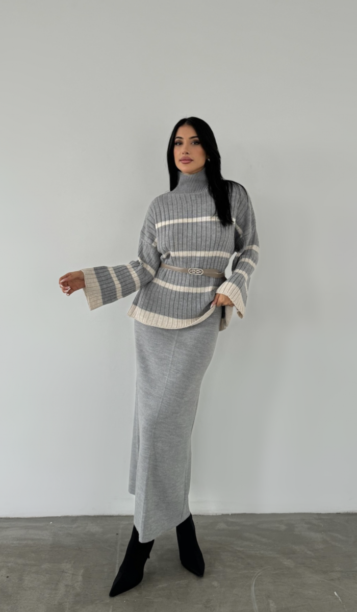 16055 Balıkçı Yaka Etekli Triko Takım 1500 - Gri , Standart Beden (5 Adet)