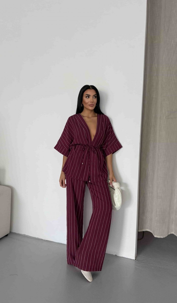 Çizgili Kimono Takım - Bordo