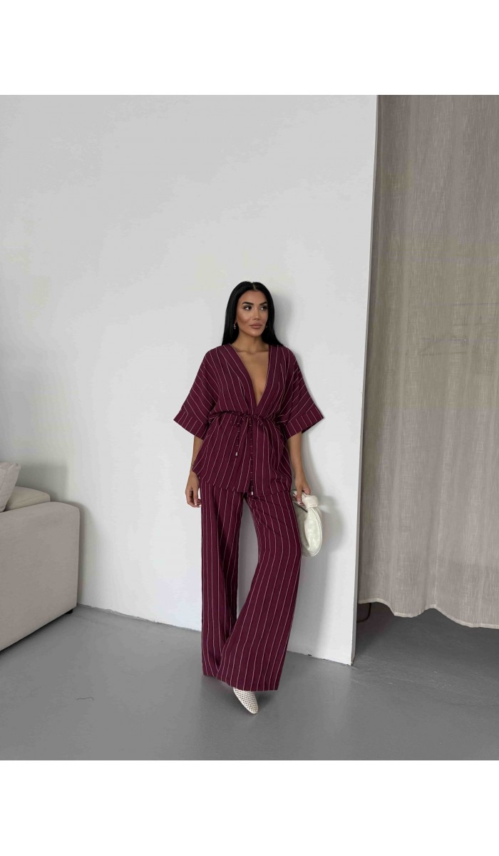 Çizgili Kimono Takım - Bordo