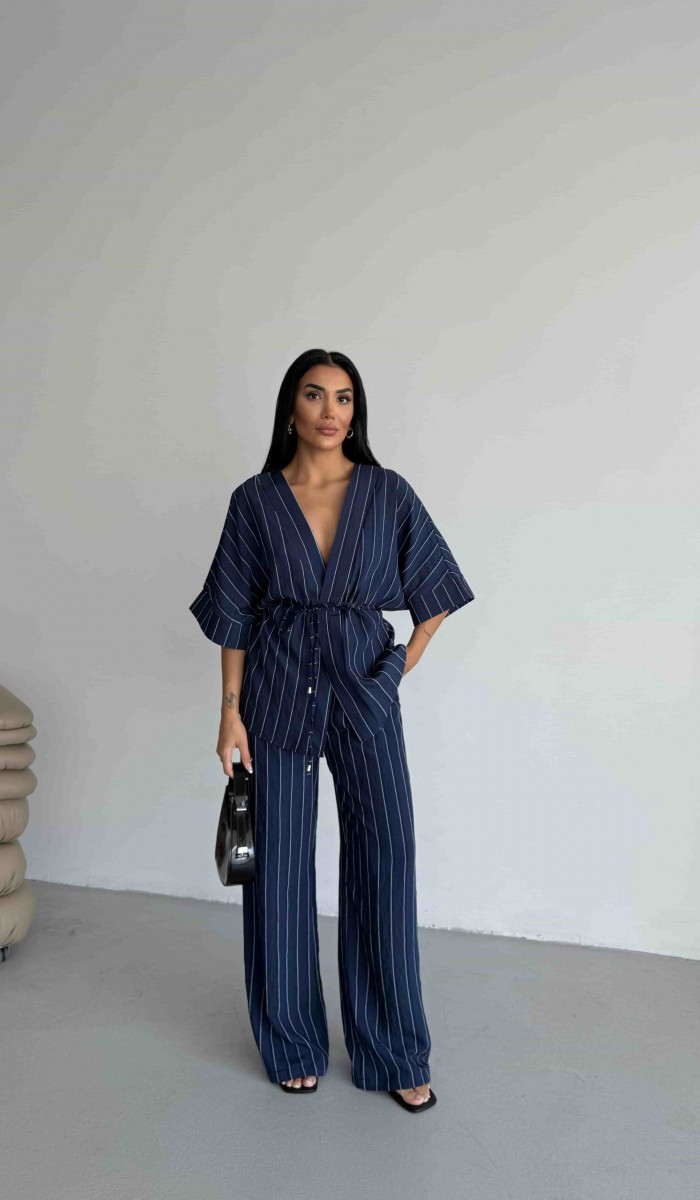 Çizgili Kimono Takım - Lacivert
