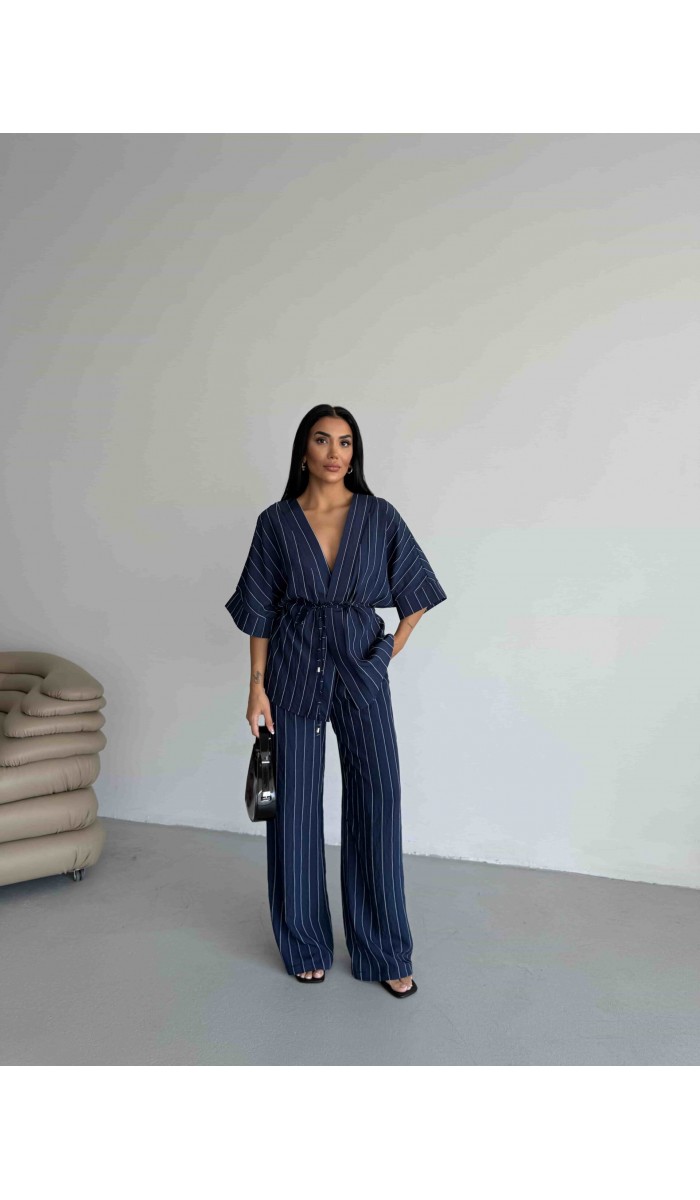 Çizgili Kimono Takım - Lacivert