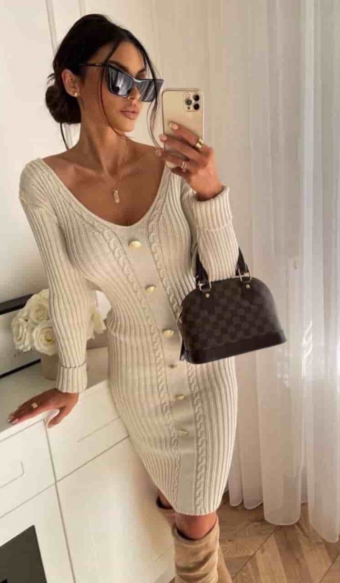 Düğme Detay Elbise 877 - Bej