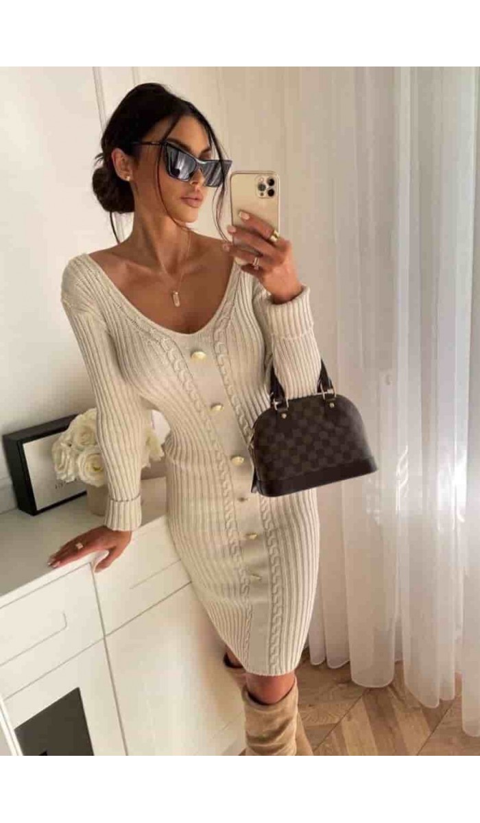 Düğme Detay Elbise 877 - Bej