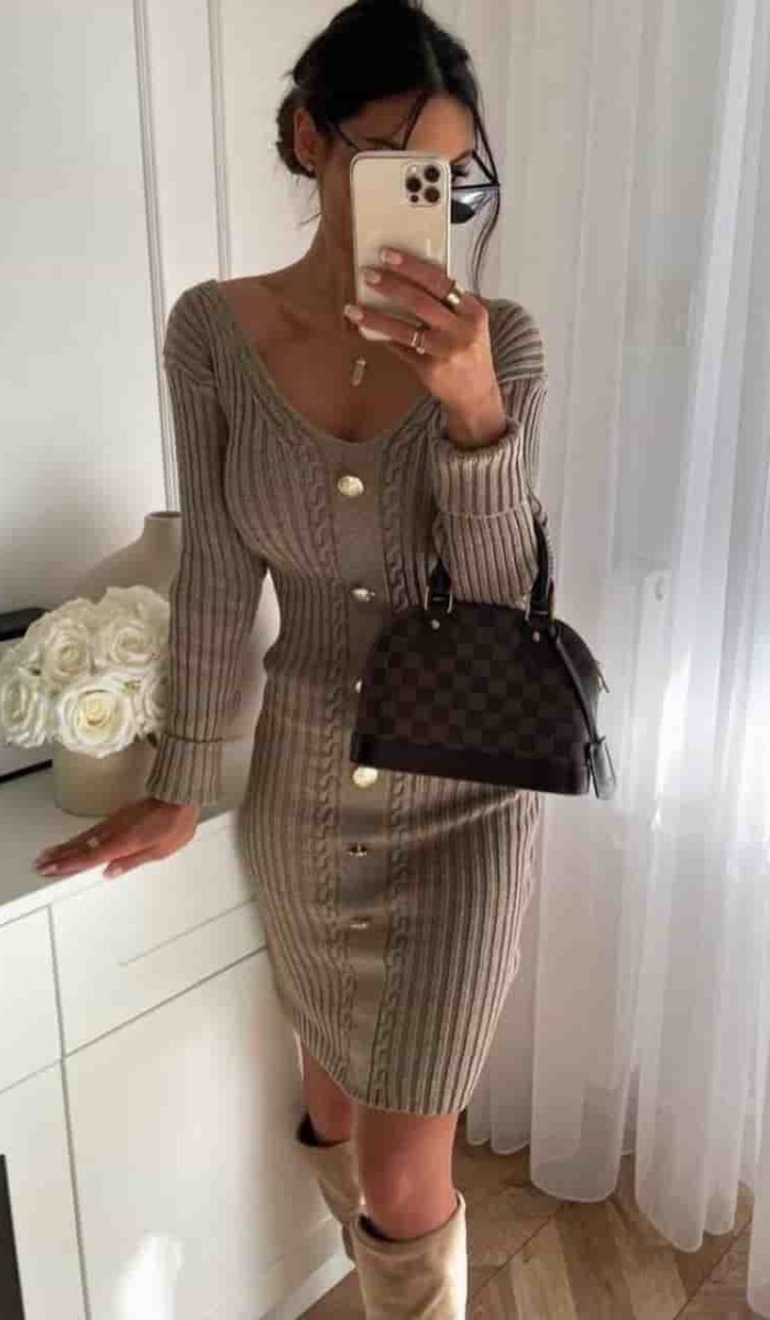 Düğme Detay Elbise 877 - Vizon