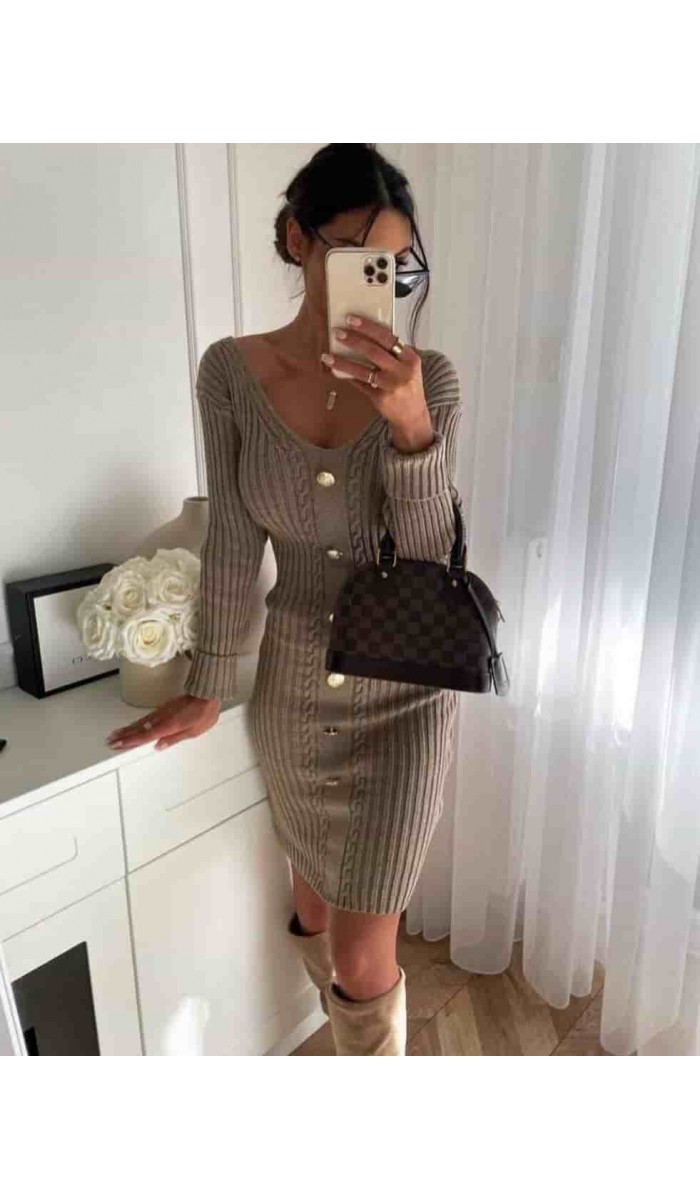 Düğme Detay Elbise 877 - Vizon