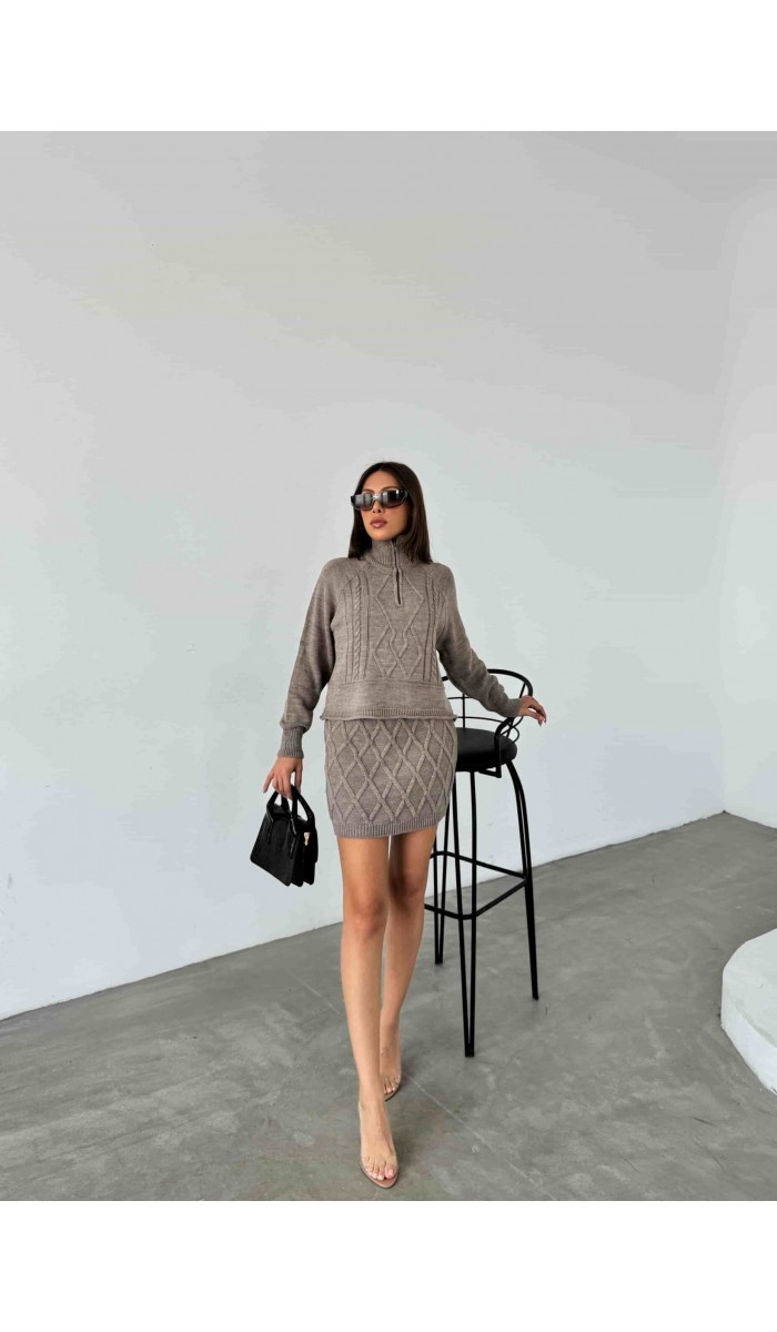 Fermuarlı Triko Etekli Takım 1512 - Vizon