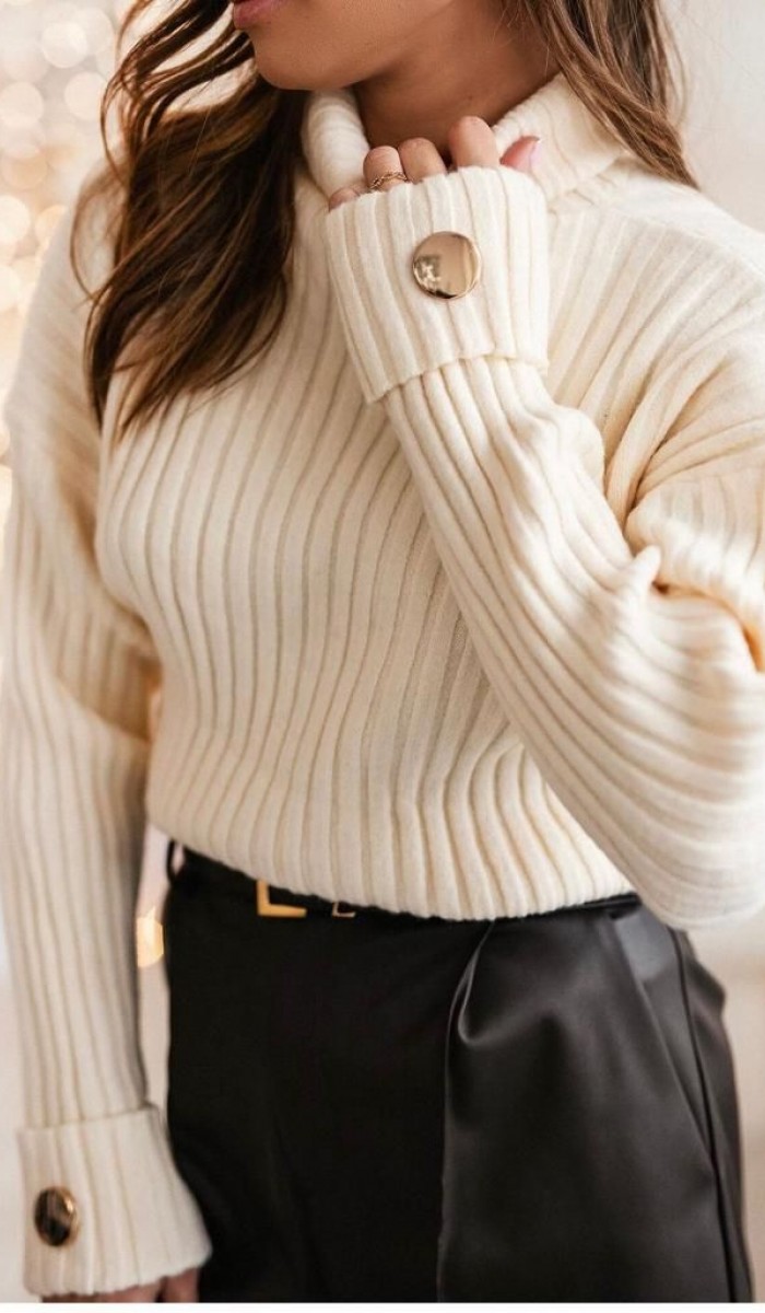 Kol Detay Triko Kazak 1502 - Kemik , Standart Beden (5 Adet)