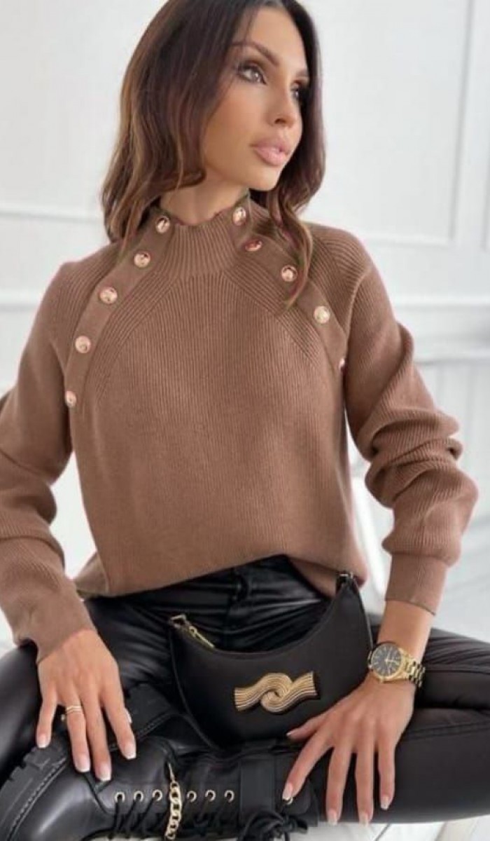 Omuz Düğme Detay Kazak 880 - Kahverengi