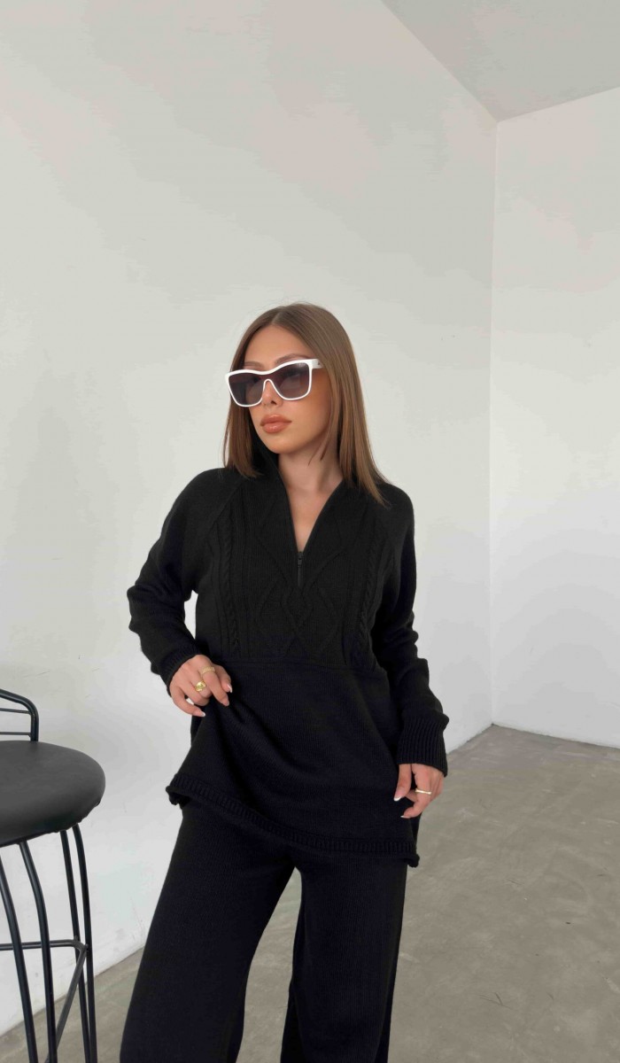 Polo Yaka Fermuarlı Triko Takım 1511 - Siyah Polo Yaka Fermuarlı Triko Takım 1511 - Siyah