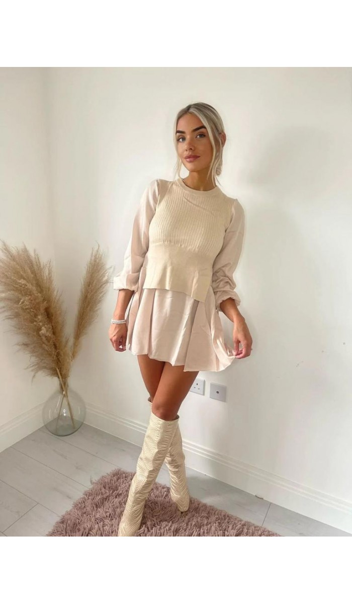 Triko Detay Elbise - Bej