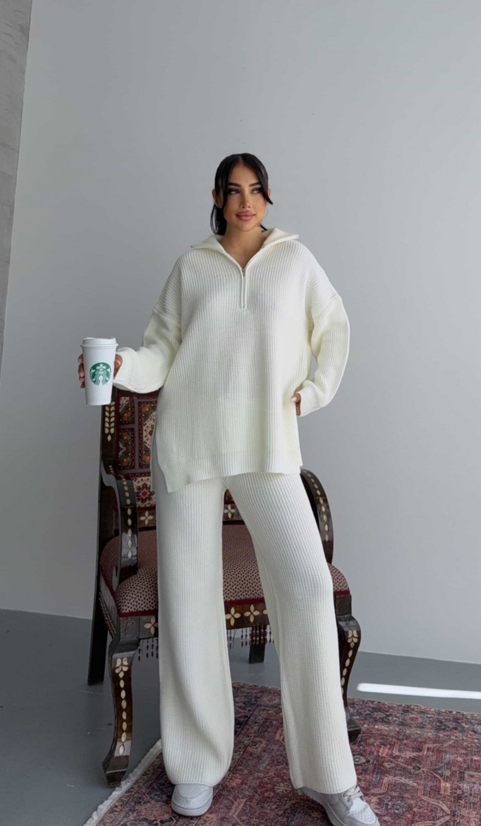 17659 Fermuarlı Triko Takım 1556 - Kemik