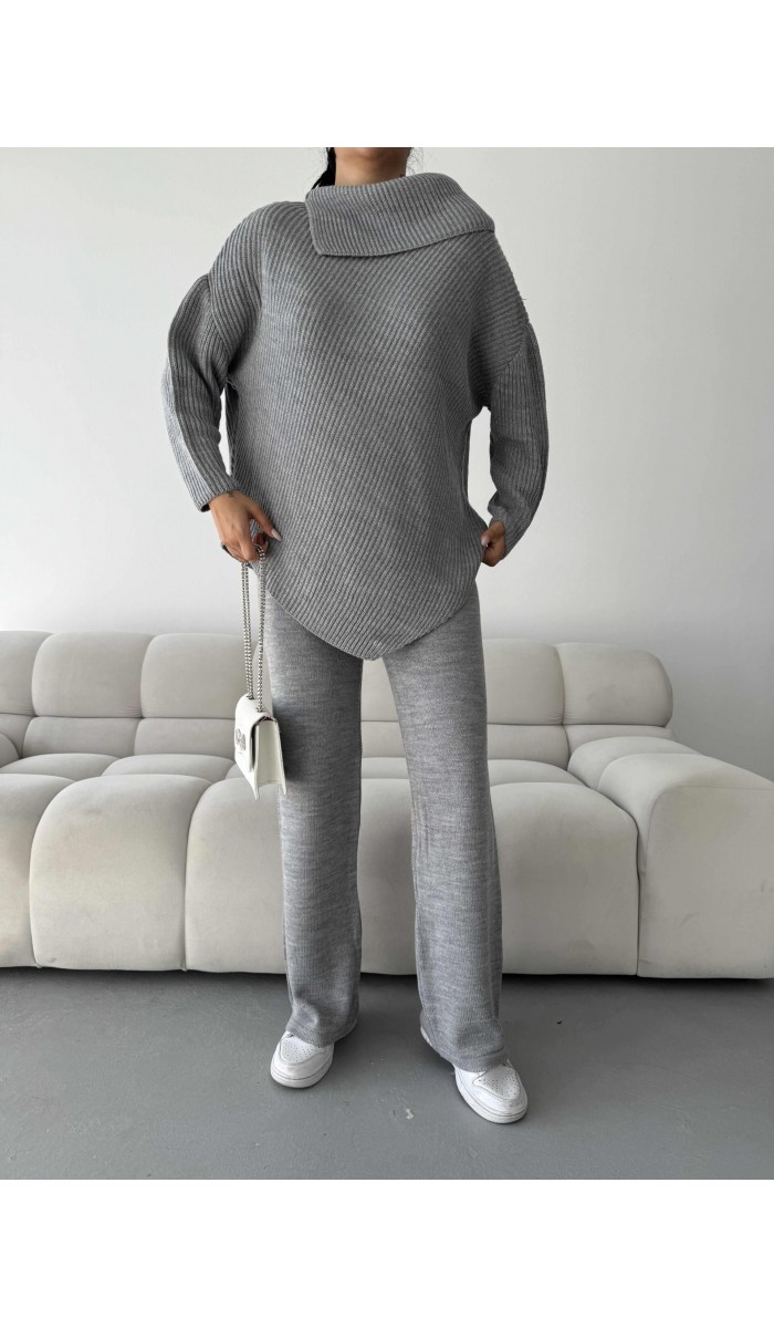 Mektup Yaka Triko Takım 1555 - Gri