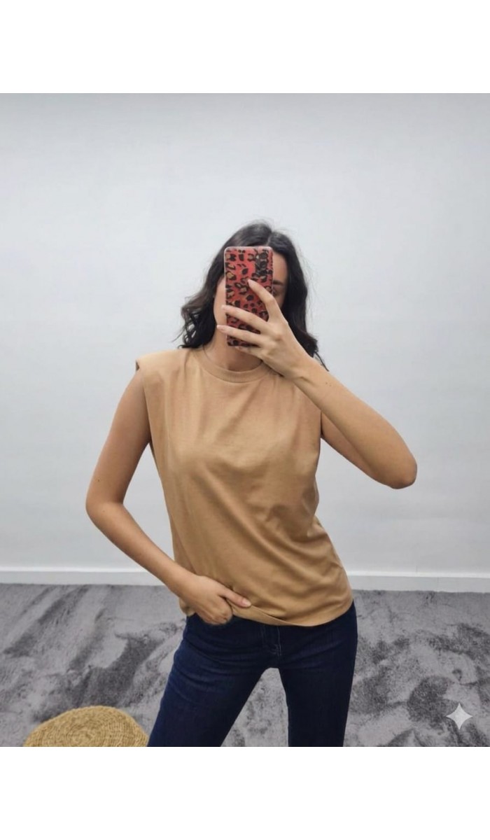 Vatkalı Bisiklet Yaka T-Shirt - Bej
