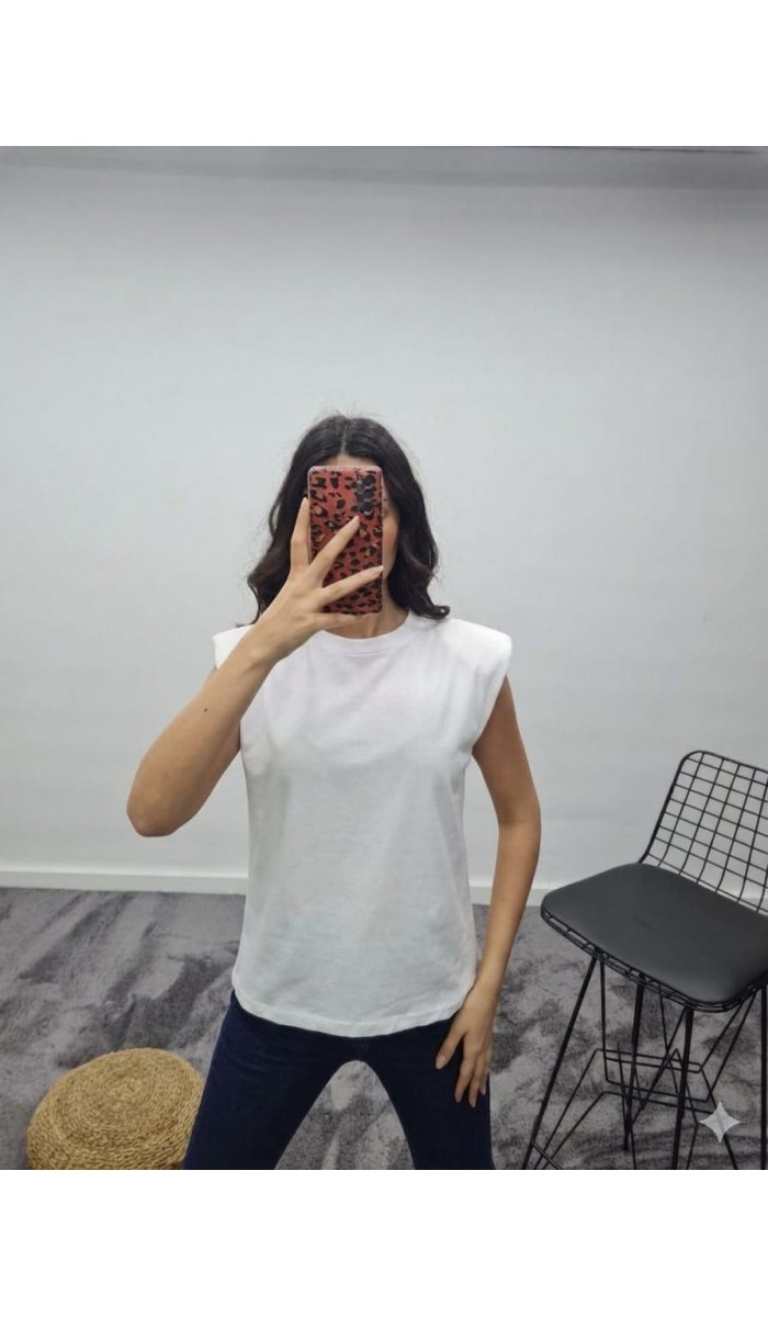 Vatkalı Bisiklet Yaka T-Shirt - Beyaz