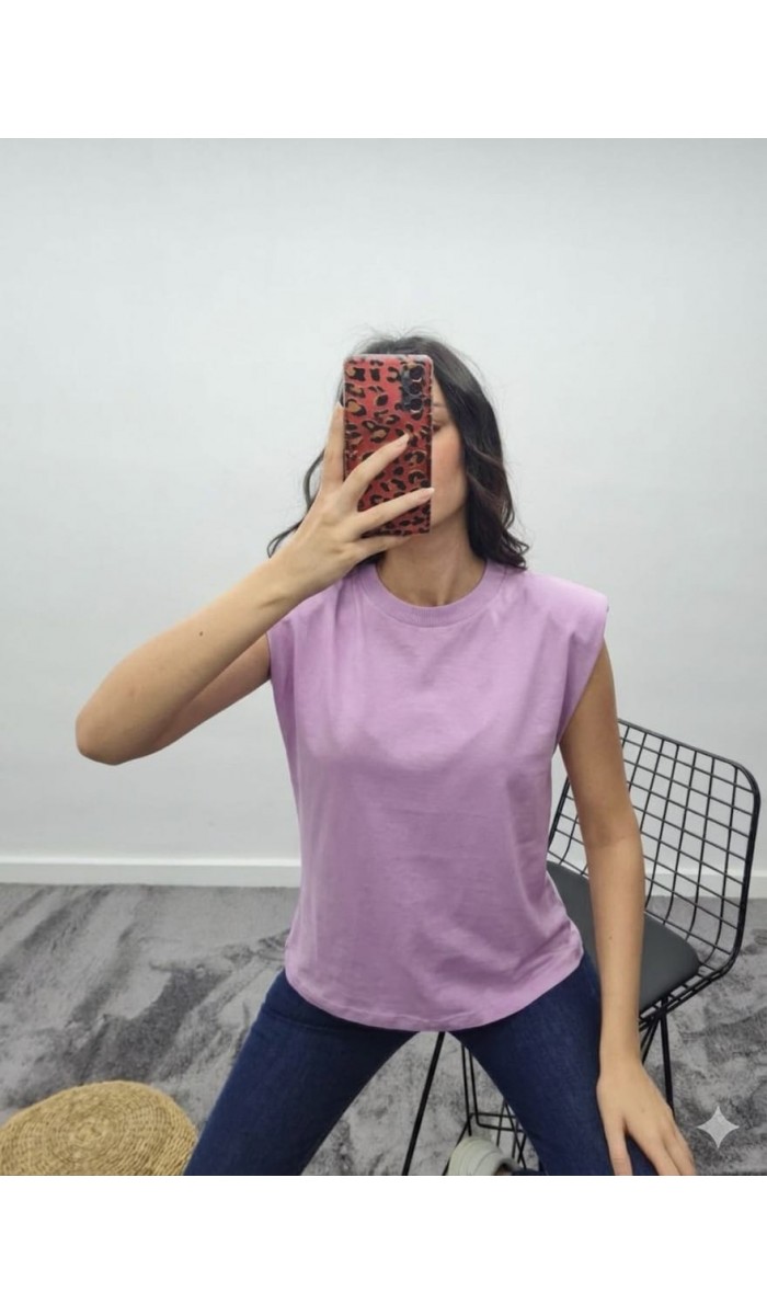 Vatkalı Bisiklet Yaka T-Shirt - Lila