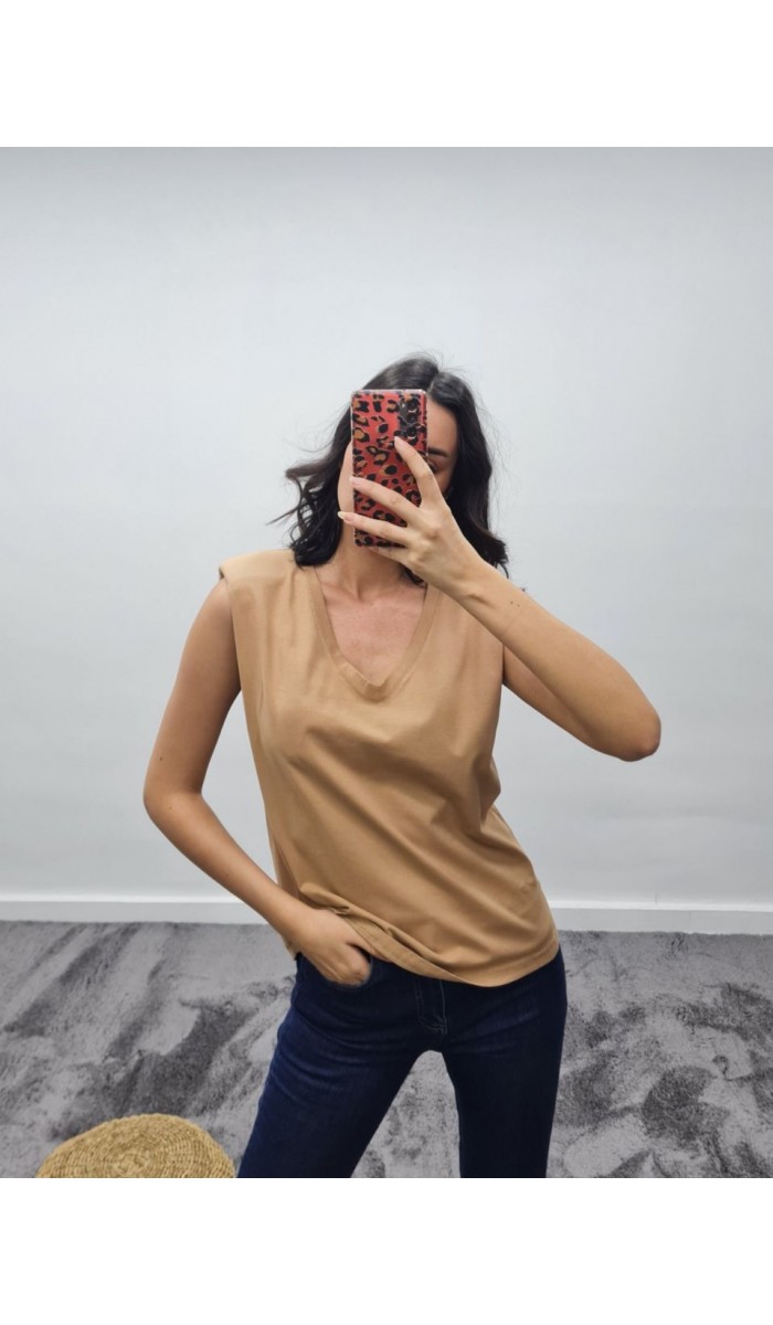 Vatkalı V Yaka T-Shirt - Bej