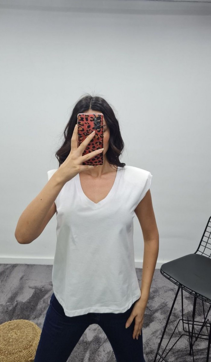 Vatkalı V Yaka T-Shirt - Beyaz
