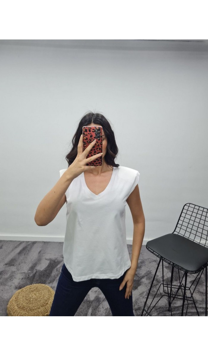 Vatkalı V Yaka T-Shirt - Beyaz