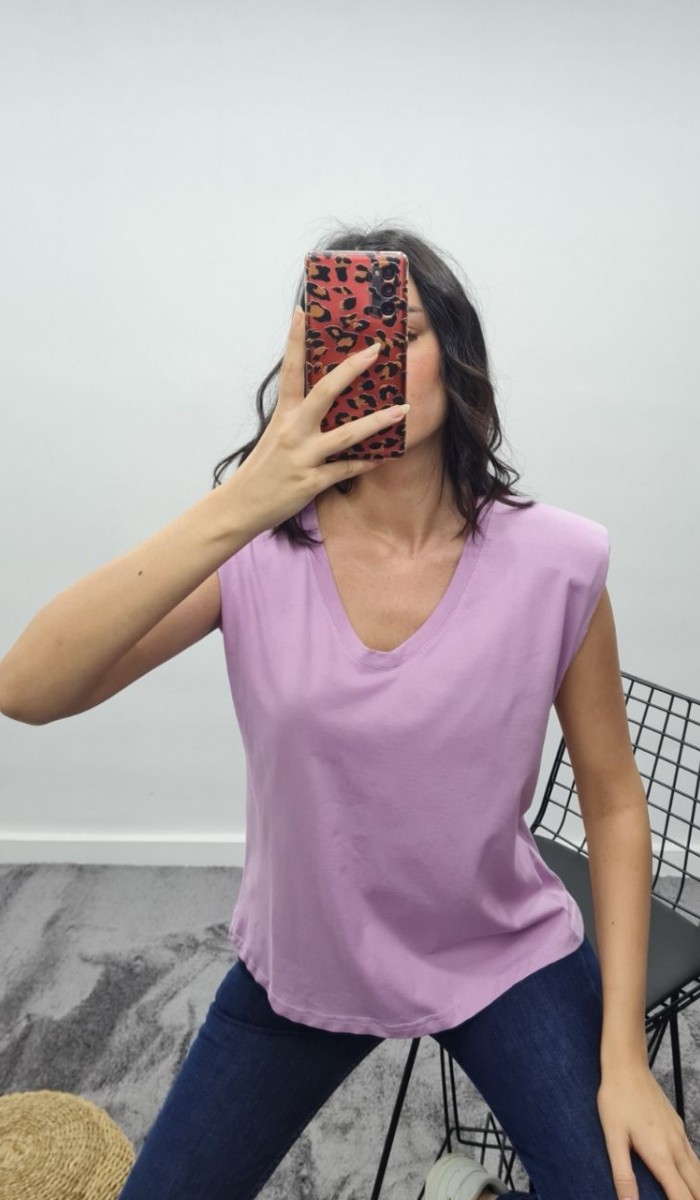 Vatkalı V Yaka T-Shirt - Lila