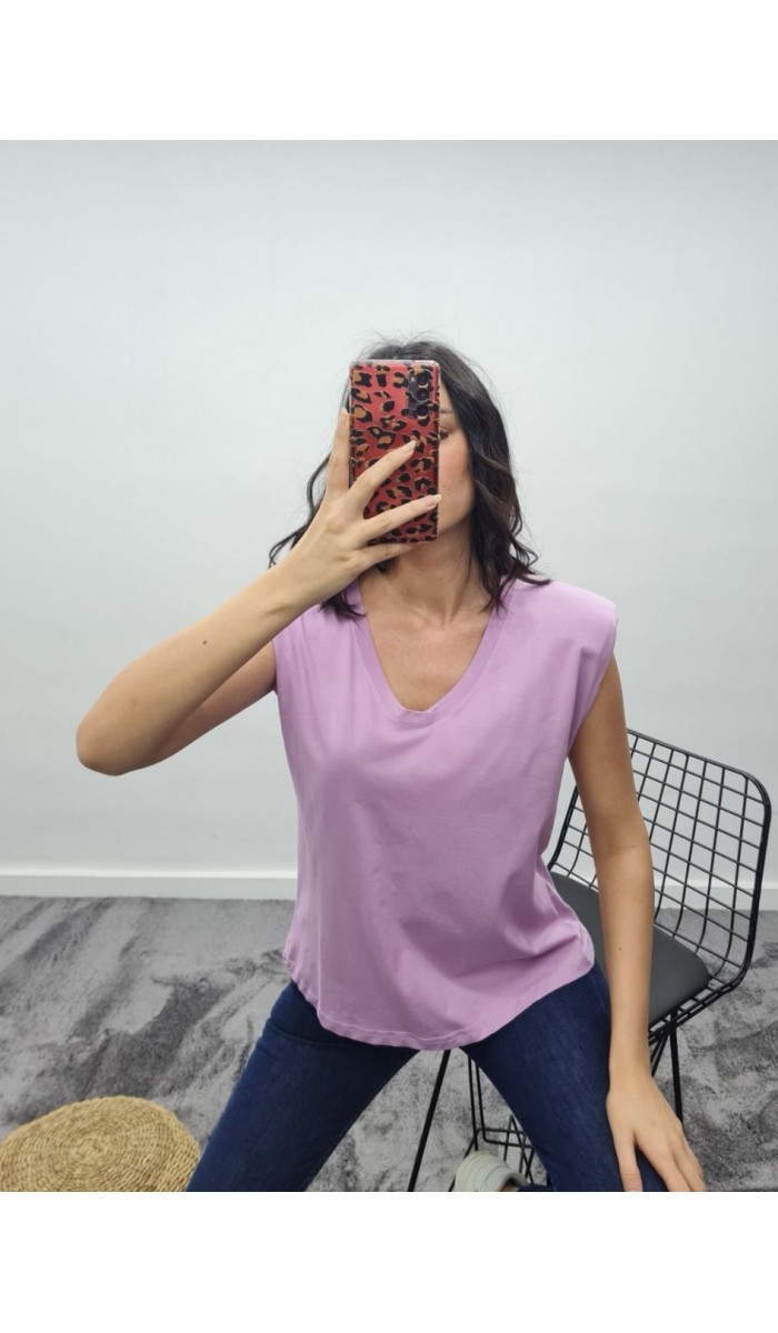 Vatkalı V Yaka T-Shirt - Lila