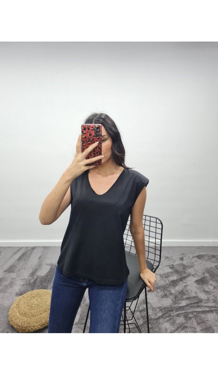 Vatkalı V Yaka T-Shirt - Siyah