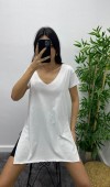 Yırtmaçlı Uzun T-Shirt - Beyaz