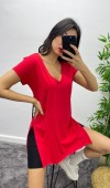 Yırtmaçlı Uzun T-Shirt - Kırmızı