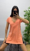 Yırtmaçlı Uzun T-Shirt - Turuncu