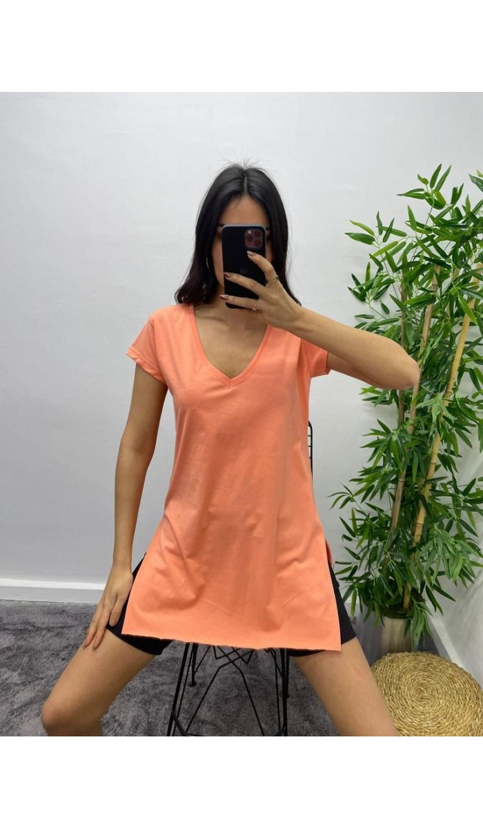 Yırtmaçlı Uzun T-Shirt - Turuncu