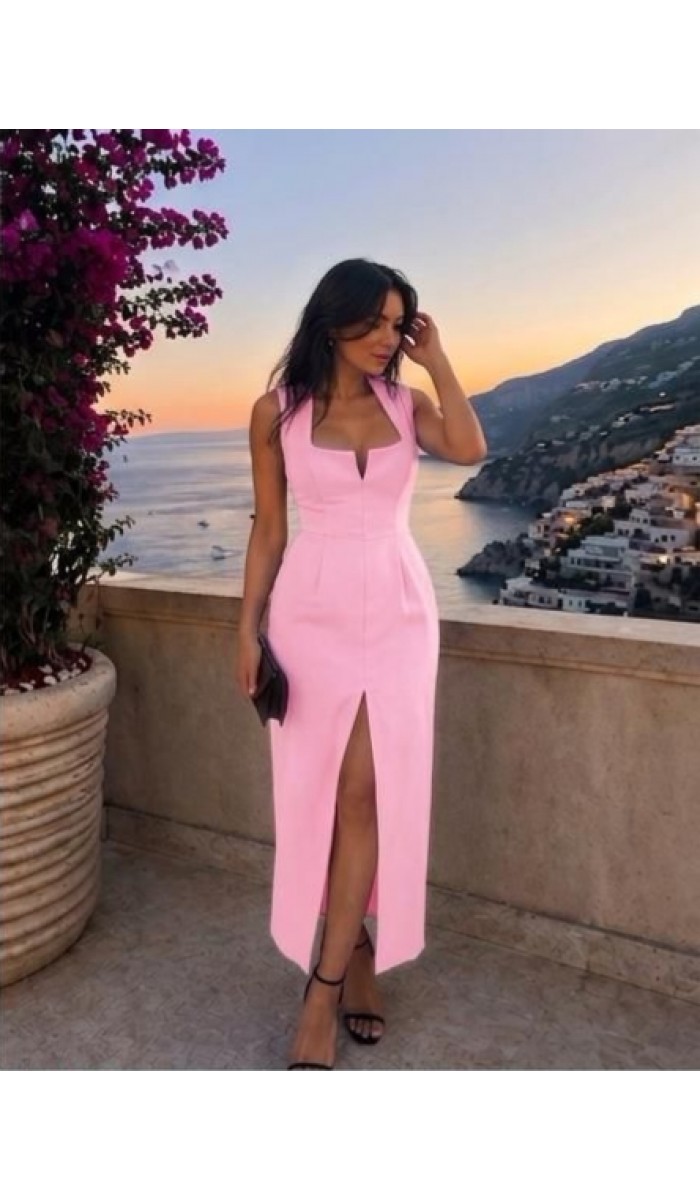 Positano Sırt Dekolteli Midi Elbise - Pembe