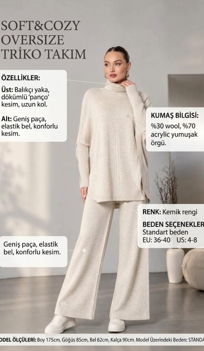 Soft&Cozy Oversize Triko Takım - Kemik
