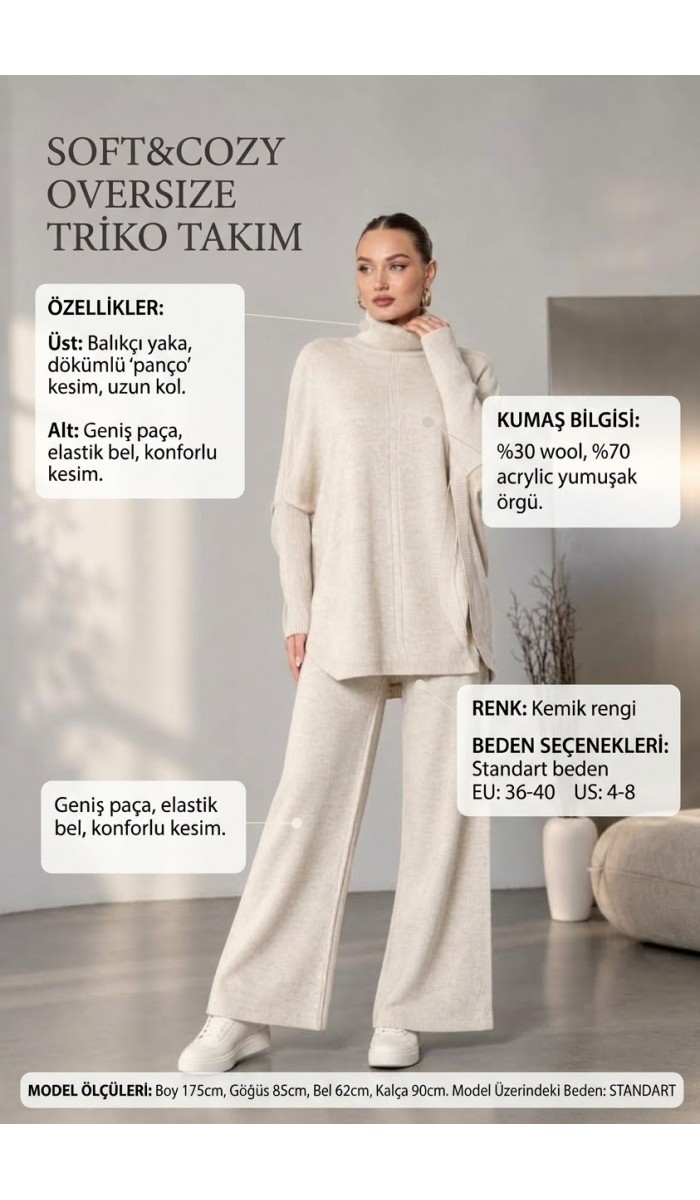 Soft&Cozy Oversize Triko Takım - Kemik