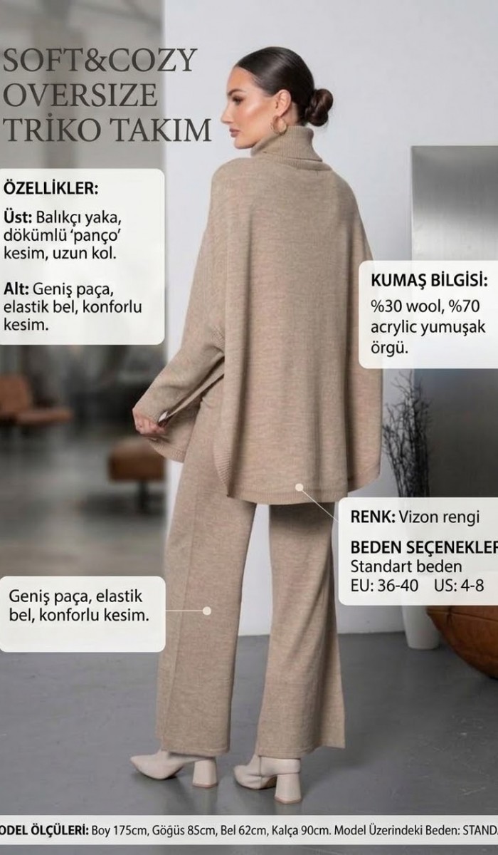 Soft&Cozy Oversize Triko Takım - Vizon