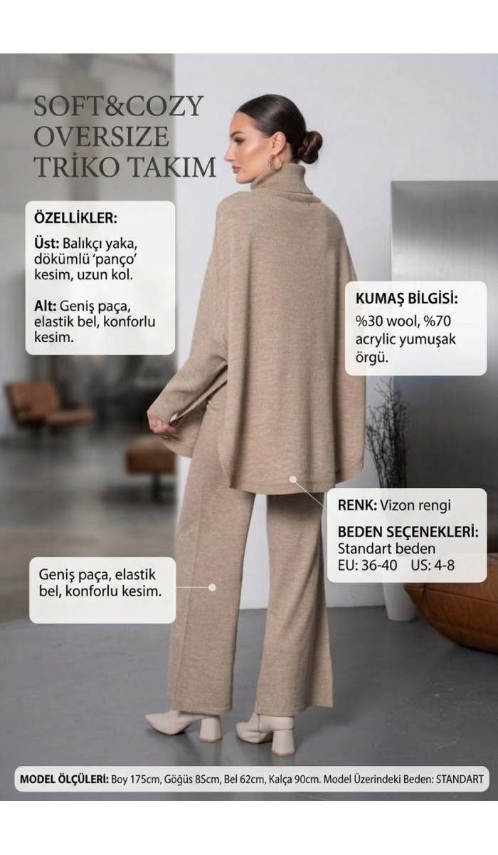 Soft&Cozy Oversize Triko Takım - Vizon