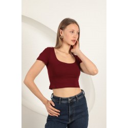 Çilek Viskon Kumaş U Yaka Bluz-Bordo