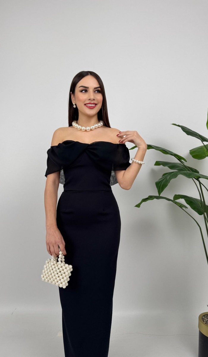 2091 STRAPLEZ ŞİFON GARNİLİ ATLAS GLOPLU ELBİSE