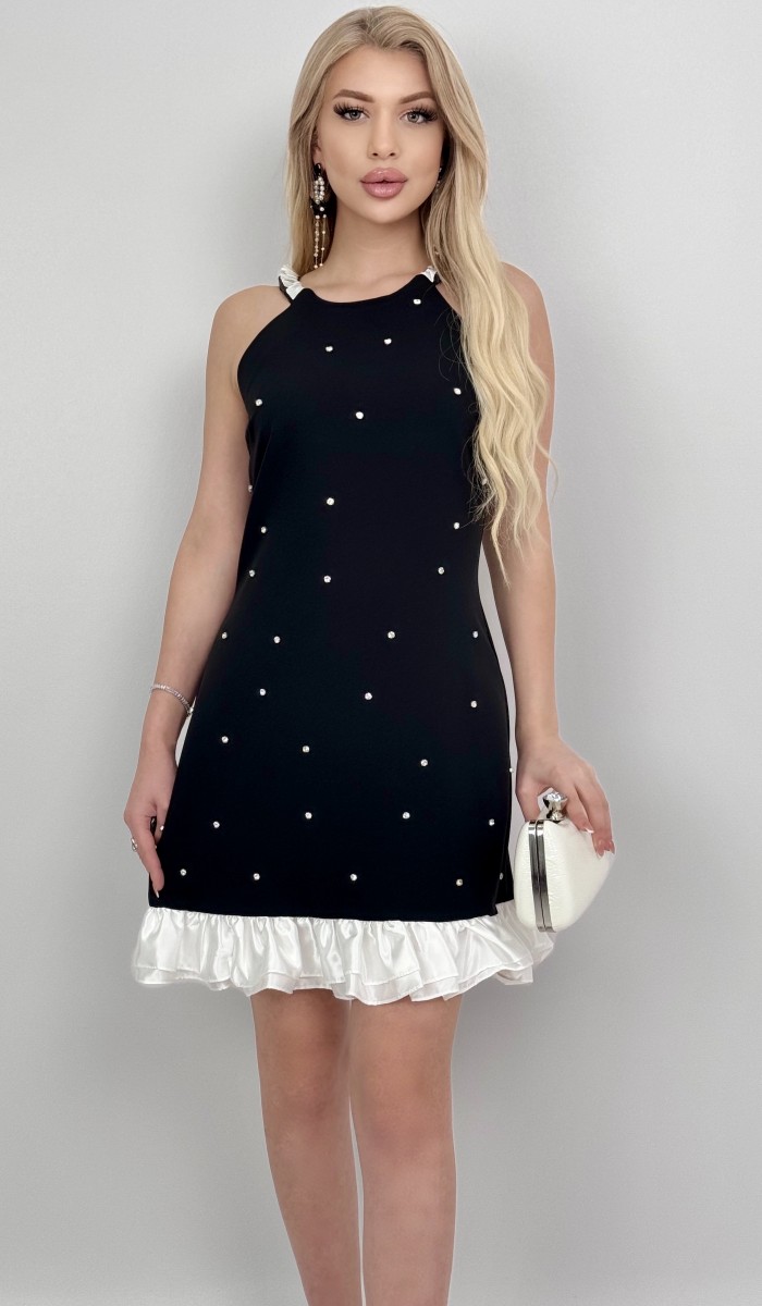 4008 ETEK UCU FIRFIRLI KOLSUZ TAŞLI ELBİSE 4008 ETEK UCU FIRFIRLI KOLSUZ TAŞLI ELBİSE