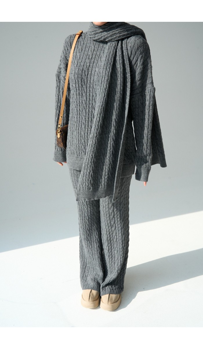Antrasit Saç Örgü Pantalonlu Takım