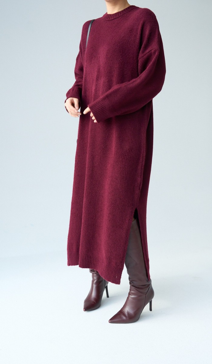 Bordo Boydan Triko Elbise