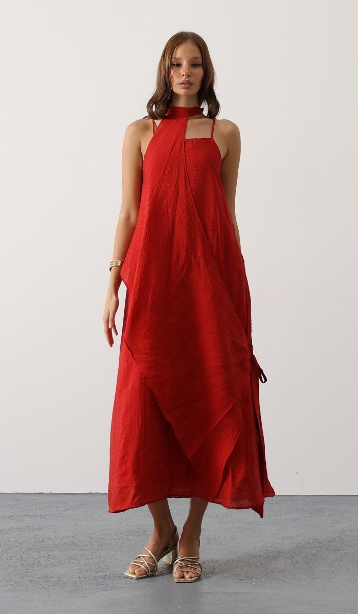 Asimetrik Bağlamalı Uzun Bohem Elbise - Kırmızı STD Asimetrik Bağlamalı Uzun Bohem Elbise - Kırmızı STD