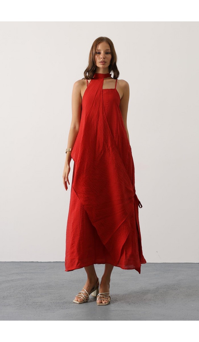 Asimetrik Bağlamalı Uzun Bohem Elbise - Kırmızı STD