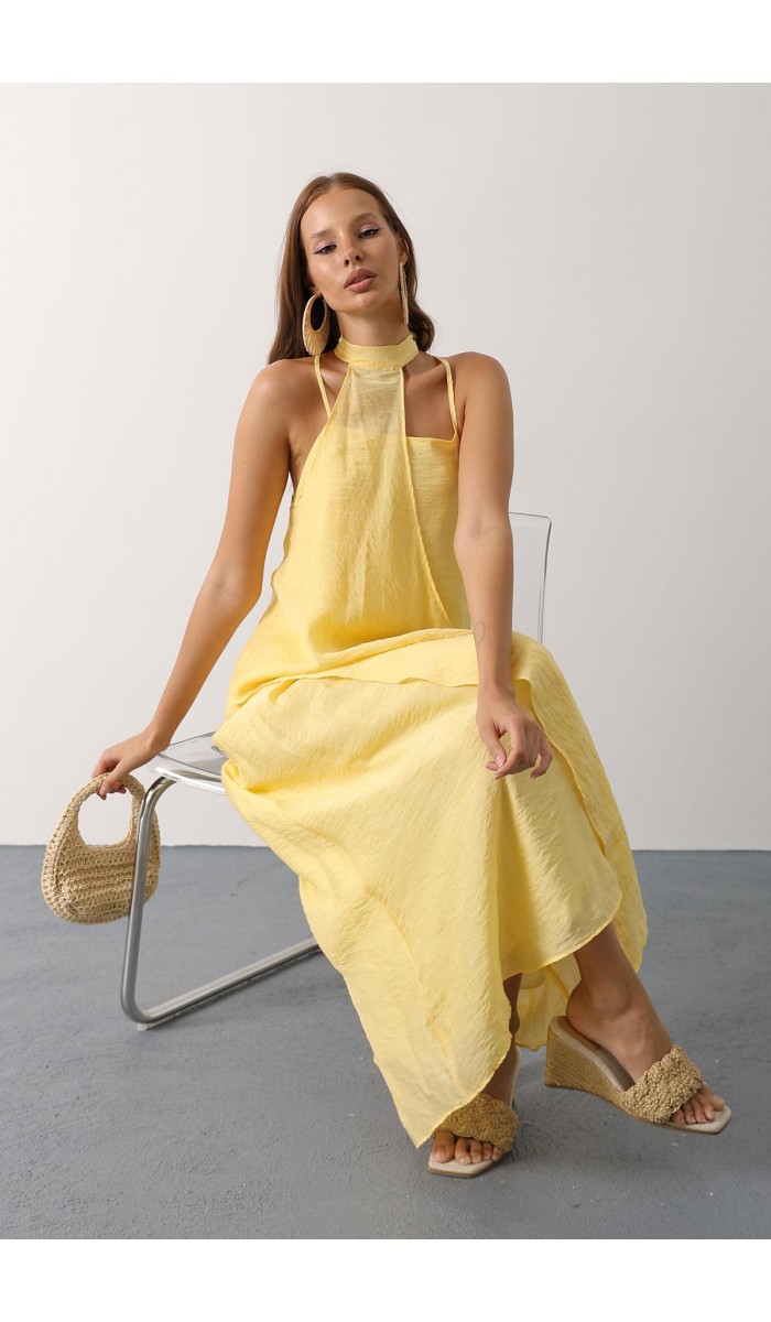 Asimetrik Bağlamalı Uzun Bohem Elbise - Sarı STD