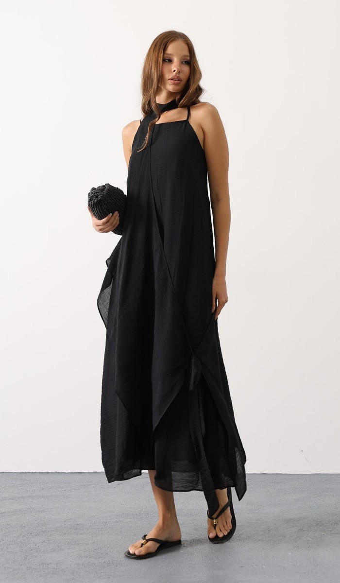 Asimetrik Bağlamalı Uzun Bohem Elbise - Siyah STD Asimetrik Bağlamalı Uzun Bohem Elbise - Siyah STD