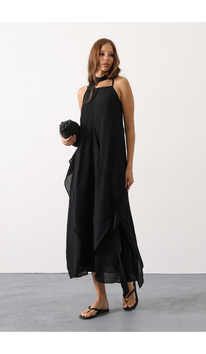 Asimetrik Bağlamalı Uzun Bohem Elbise - Siyah STD