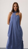 Asimetrik Bağlamalı Uzun Bohem Elbise - İndigo STD rt20968