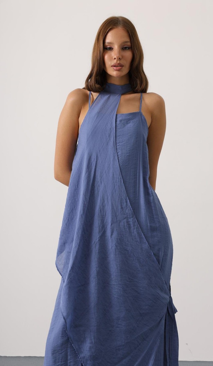 Asimetrik Bağlamalı Uzun Bohem Elbise - İndigo STD Asimetrik Bağlamalı Uzun Bohem Elbise - İndigo STD