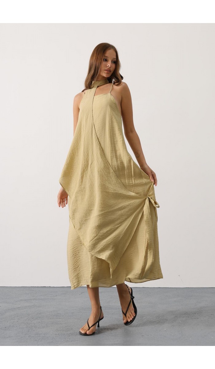 Asimetrik Bağlamalı Uzun Bohem Elbise - Yağ Yeşili STD