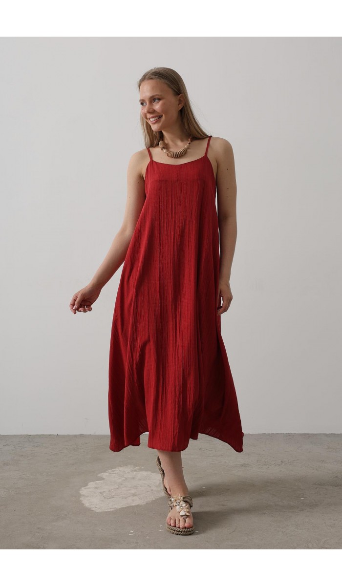 Askılı Uzun Çan Elbise - Bordo STD