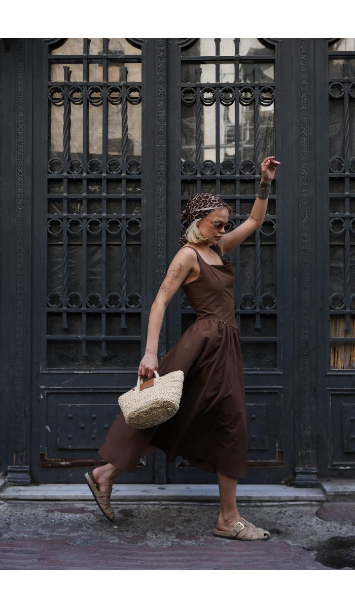 Askılı Uzun Elbise - Kahve STD