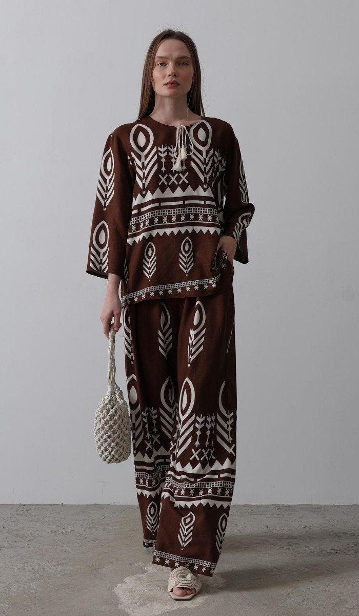 Baskılı Püskül Detaylı Takım - Kahve STD